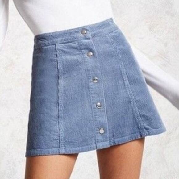 Forever 21 Mini Skirt Womens XS Dusty Blue Corduroy Snap Button High Rise Retro - Picture 1 of 5